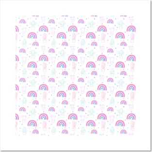 Colorful Rainbow Cactus - Pink Rainbows Pattern - Purple Cactus Pattern Posters and Art